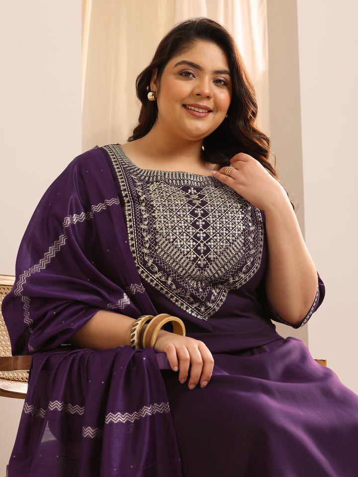 Plus Size Burgundy Yoke Design Silk Blend Suit Set With Dupatta