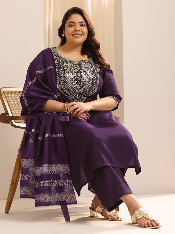 Plus Size Burgundy Yoke Design Silk Blend Suit Set With Dupatta