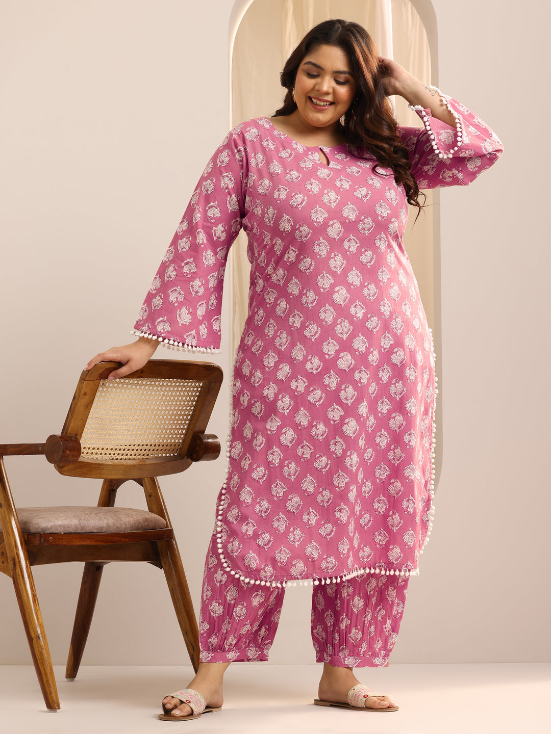 Plus Size Peach Printed Cotton Straight Kurta Set