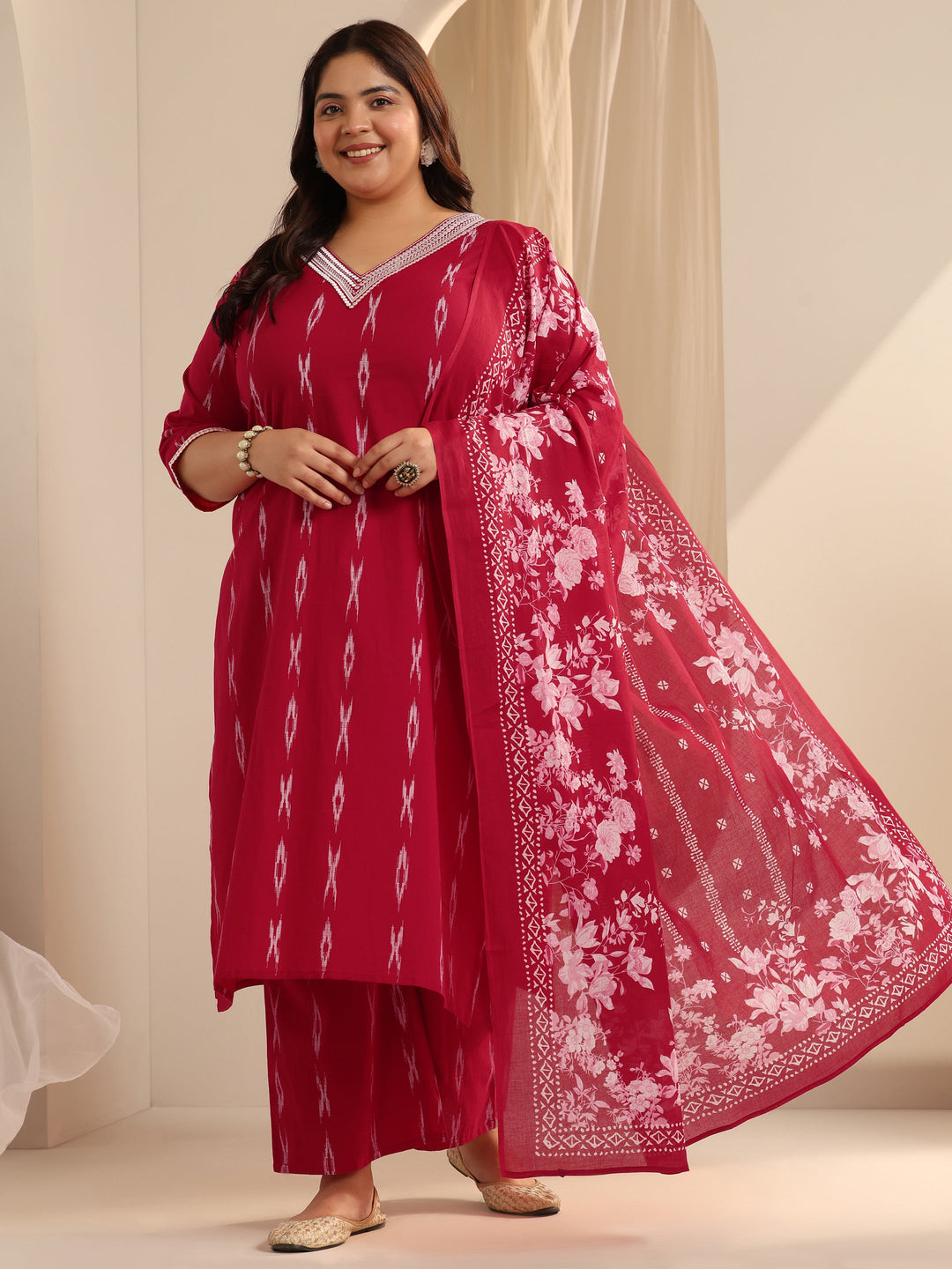 Red Woven Design Cotton Blend Straight Suit Set With Dupatta