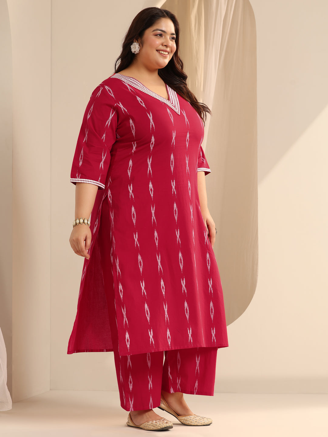 Red Woven Design Cotton Blend Straight Suit Set With Dupatta