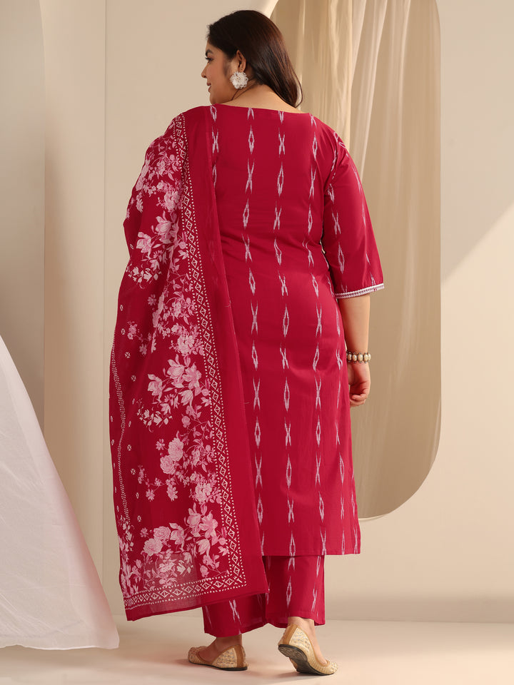 Red Woven Design Cotton Blend Straight Suit Set With Dupatta