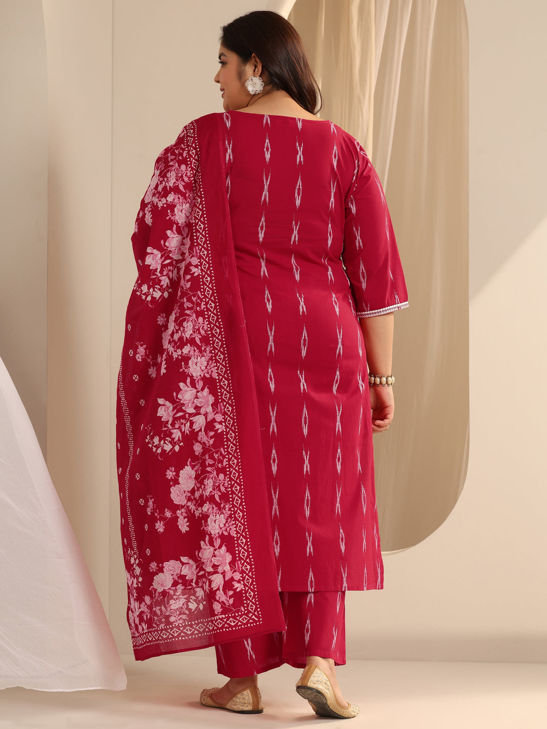 Red Woven Design Cotton Blend Straight Suit Set With Dupatta