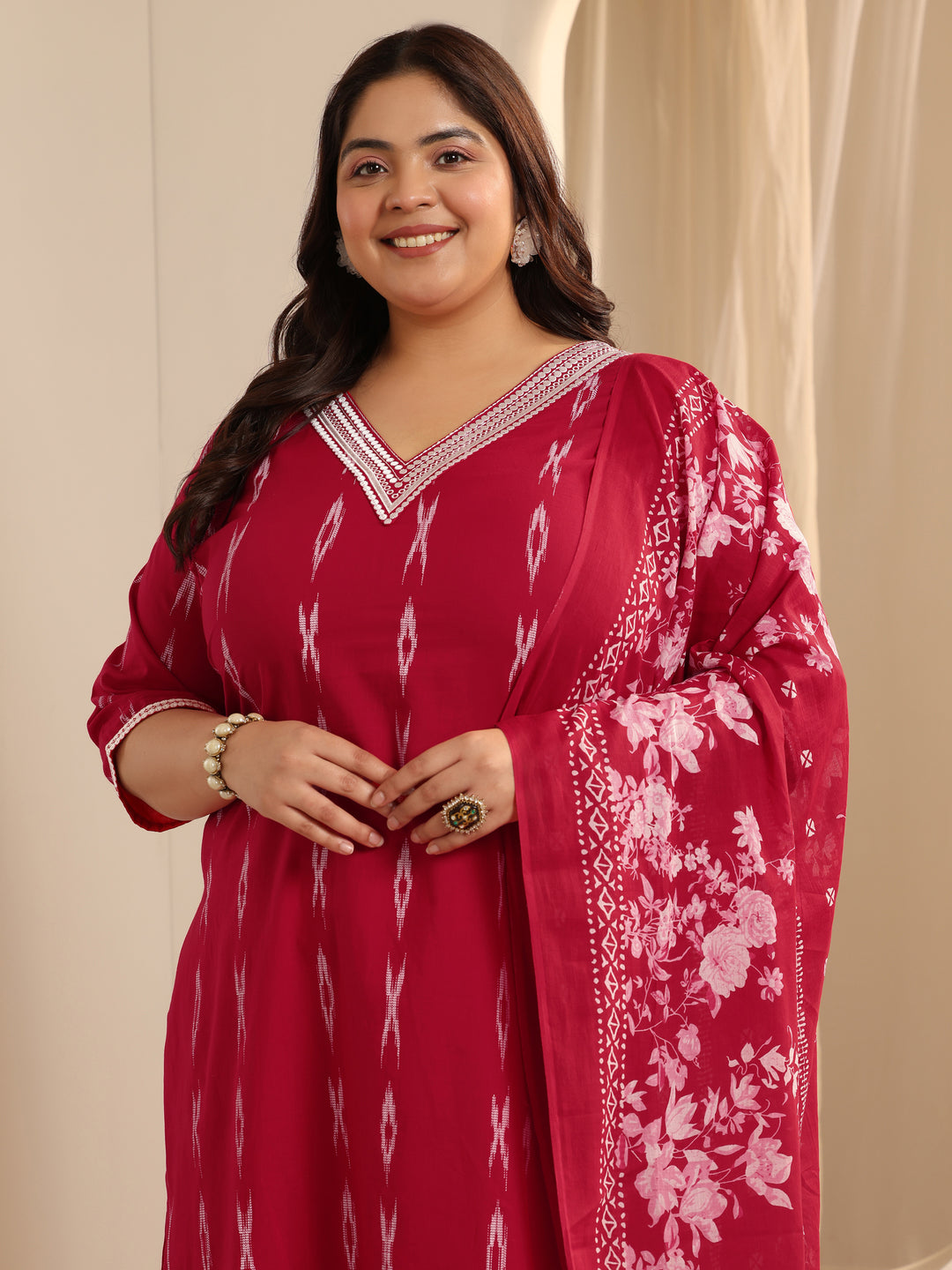 Red Woven Design Cotton Blend Straight Suit Set With Dupatta