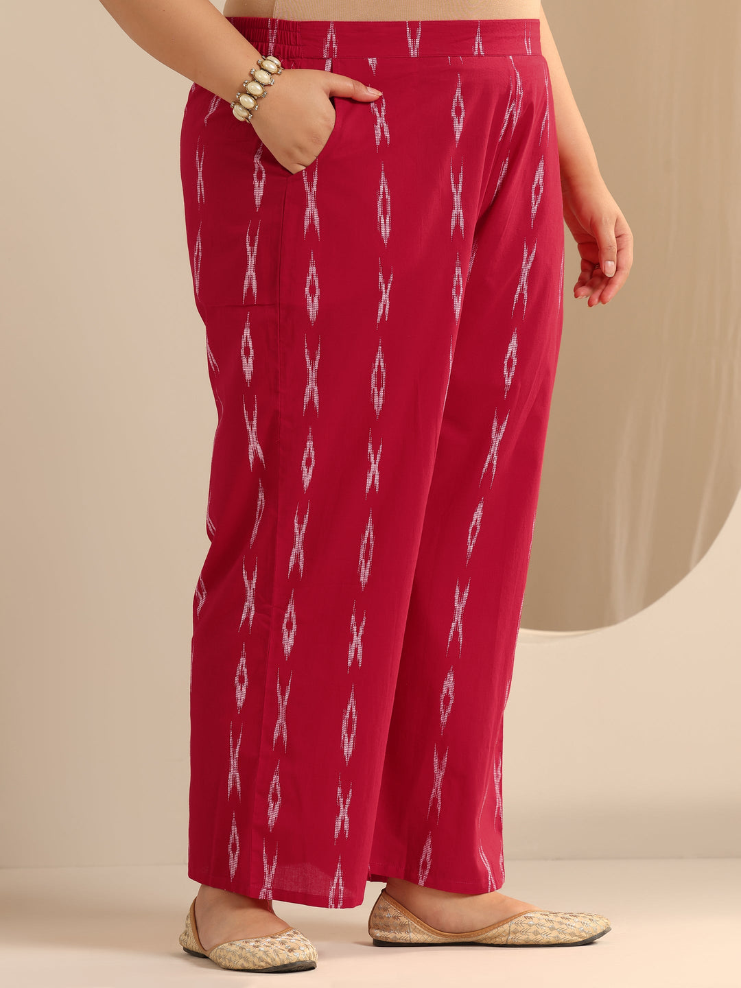 Red Woven Design Cotton Blend Straight Suit Set With Dupatta