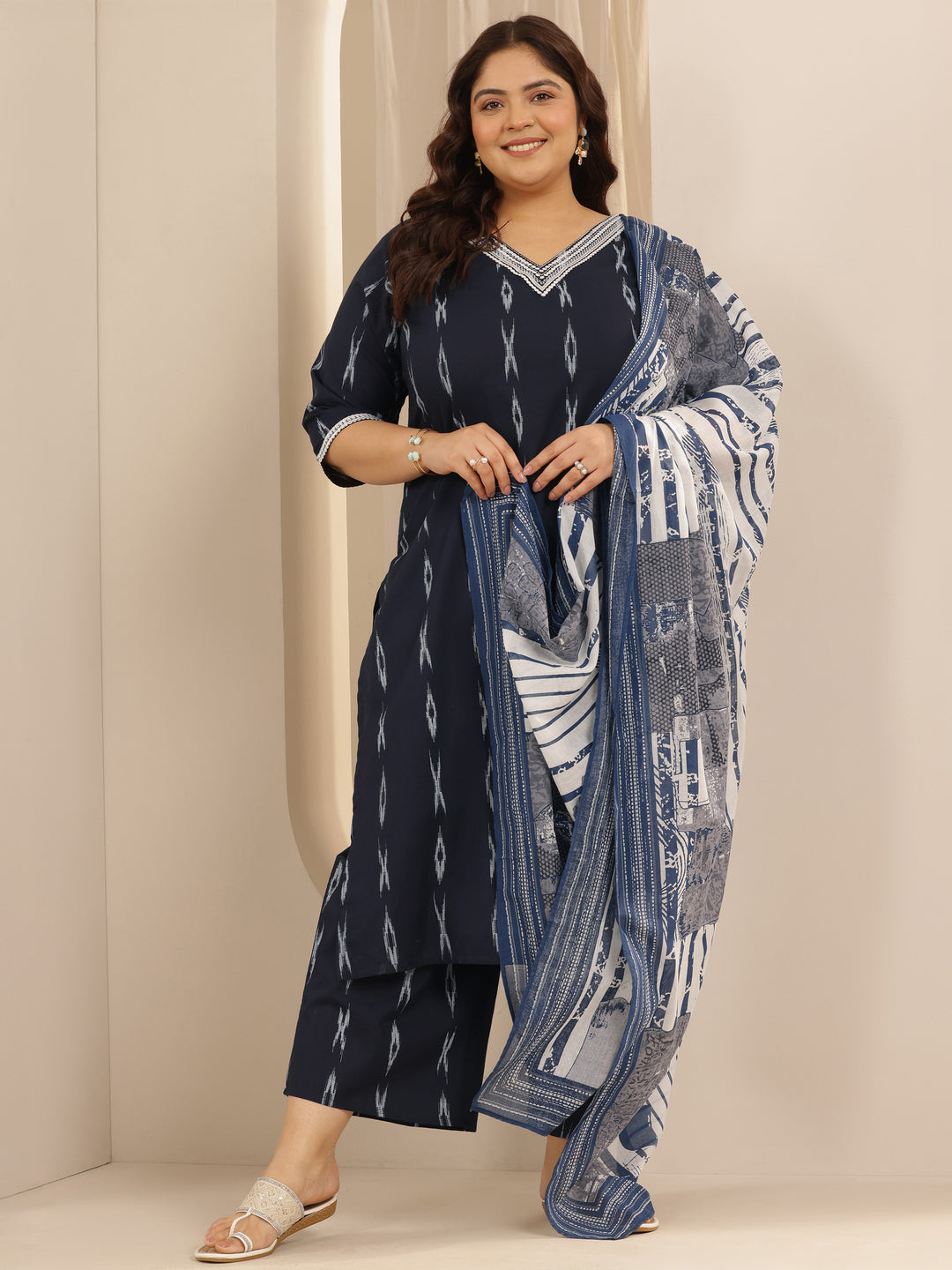 Plus Size Blue Woven Design Cotton Blend Straight Suit Set With Dupatta