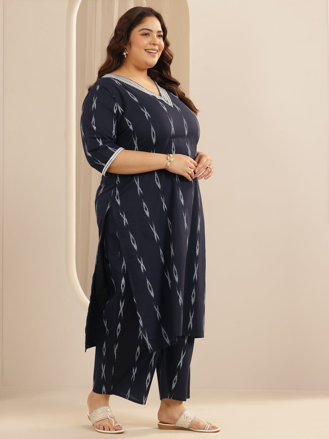 Plus Size Blue Woven Design Cotton Blend Straight Suit Set With Dupatta