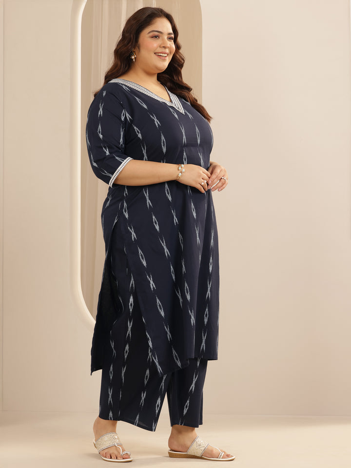 Plus Size Blue Woven Design Cotton Blend Straight Suit Set With Dupatta