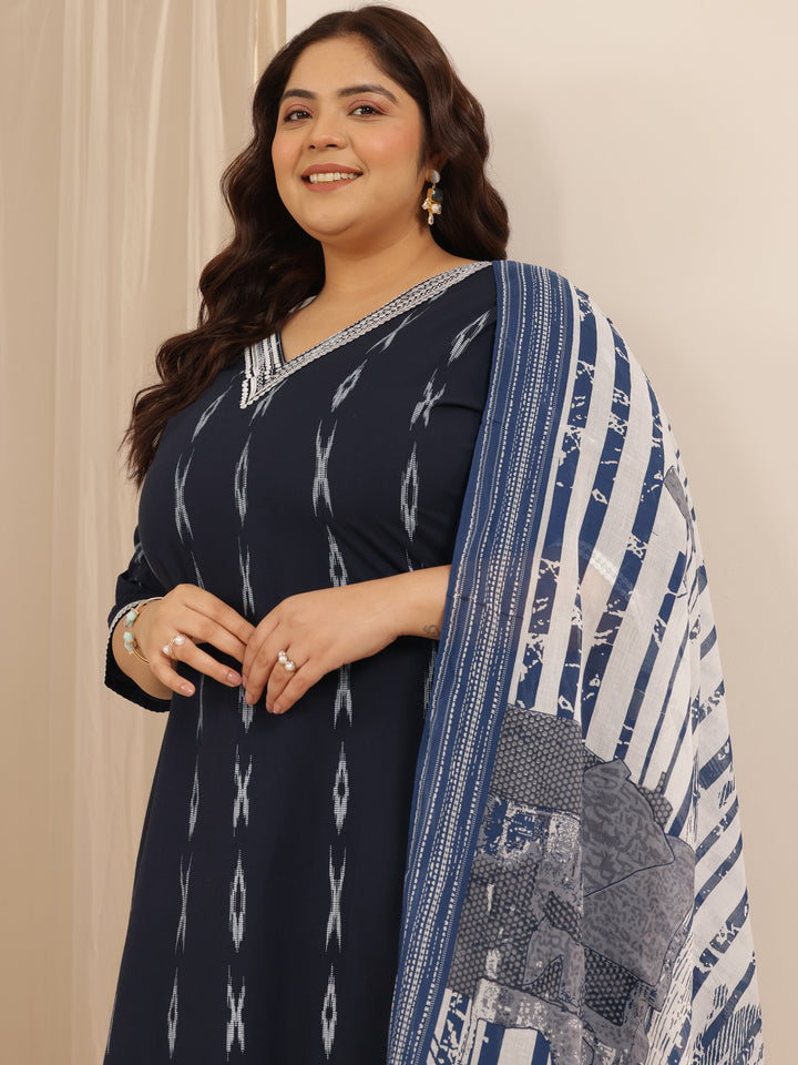 Plus Size Blue Woven Design Cotton Blend Straight Suit Set With Dupatta