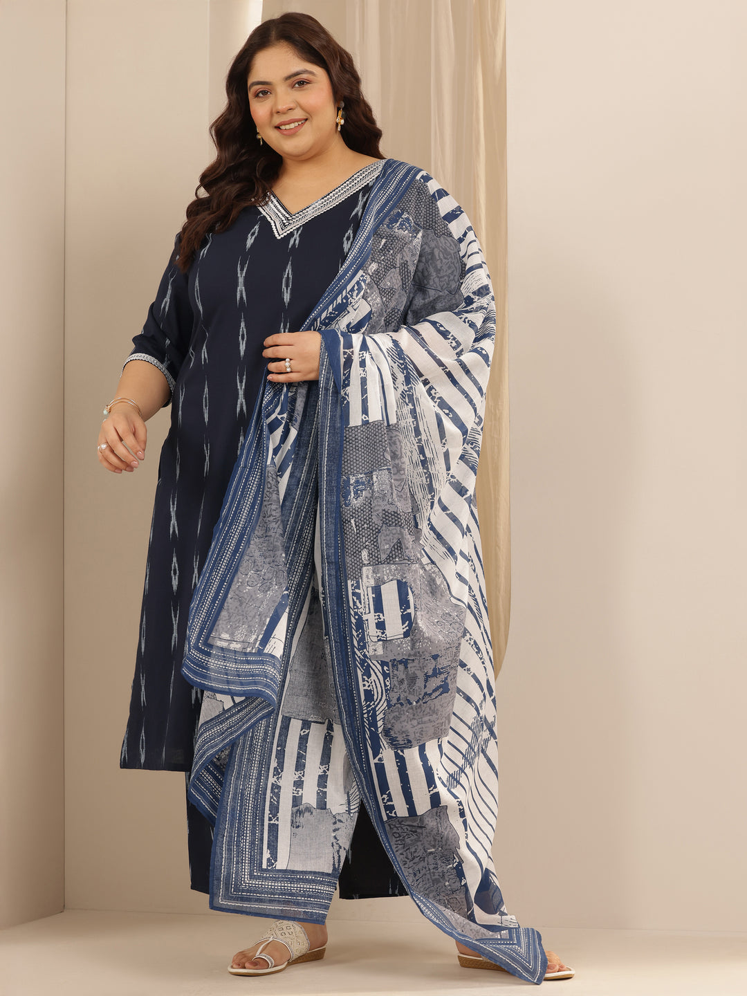 Plus Size Blue Woven Design Cotton Blend Straight Suit Set With Dupatta