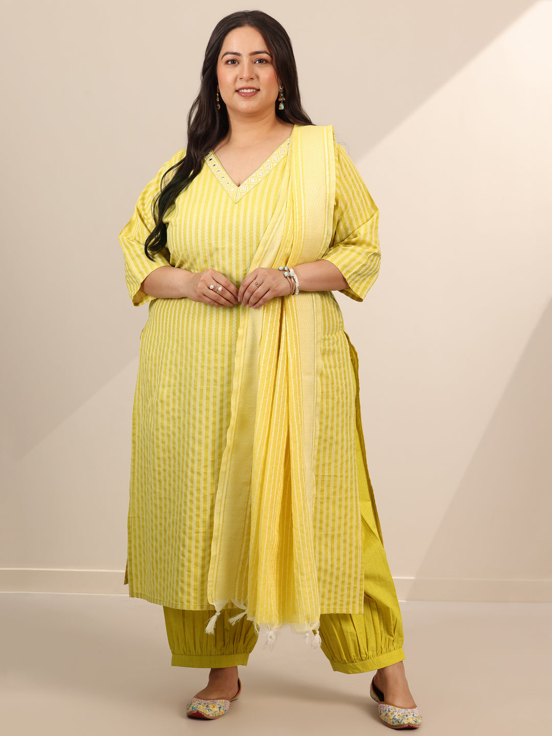 Plus Size Yellow Woven Design Cotton Blend Straight Suit Set With Dupatta