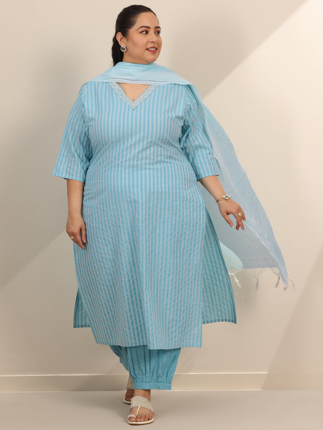 Plus Size Blue Woven Design Cotton Blend Straight Suit Set With Dupatta
