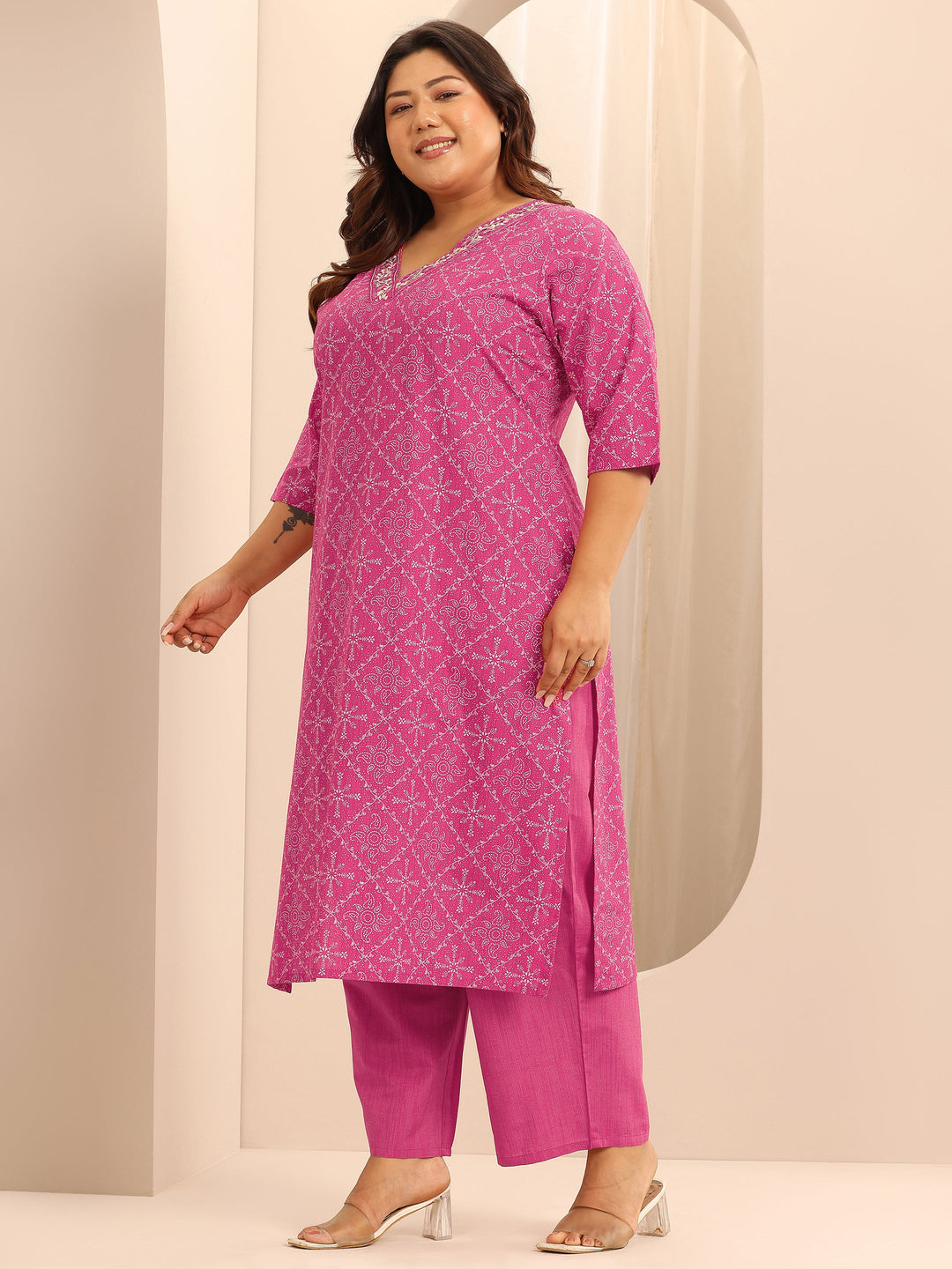 Plus Size Pink Printed Cotton Blend Straight Suit Set With Dupatta