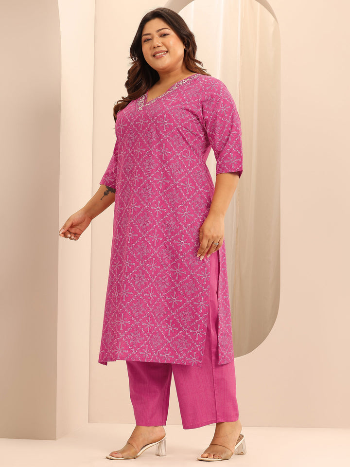 Plus Size Pink Printed Cotton Blend Straight Suit Set With Dupatta