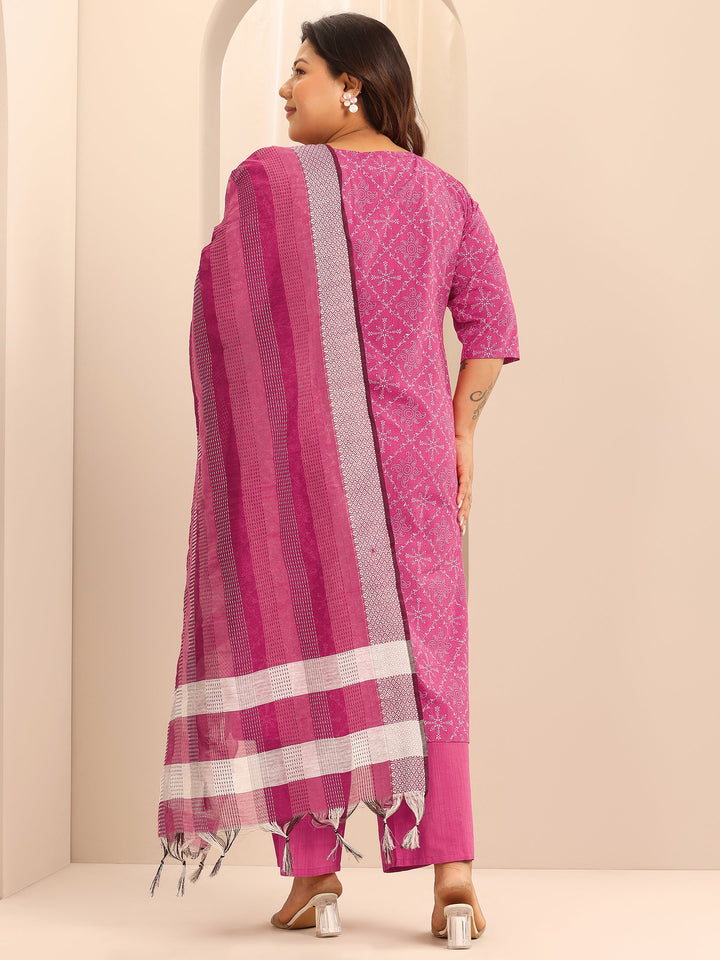 Plus Size Pink Printed Cotton Blend Straight Suit Set With Dupatta