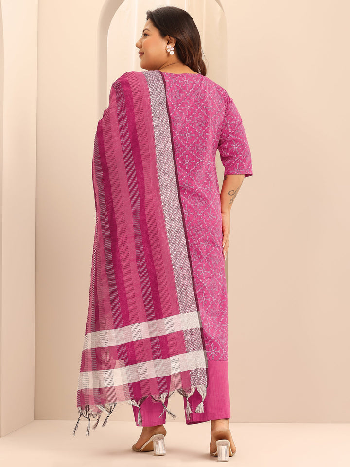 Plus Size Pink Printed Cotton Blend Straight Suit Set With Dupatta