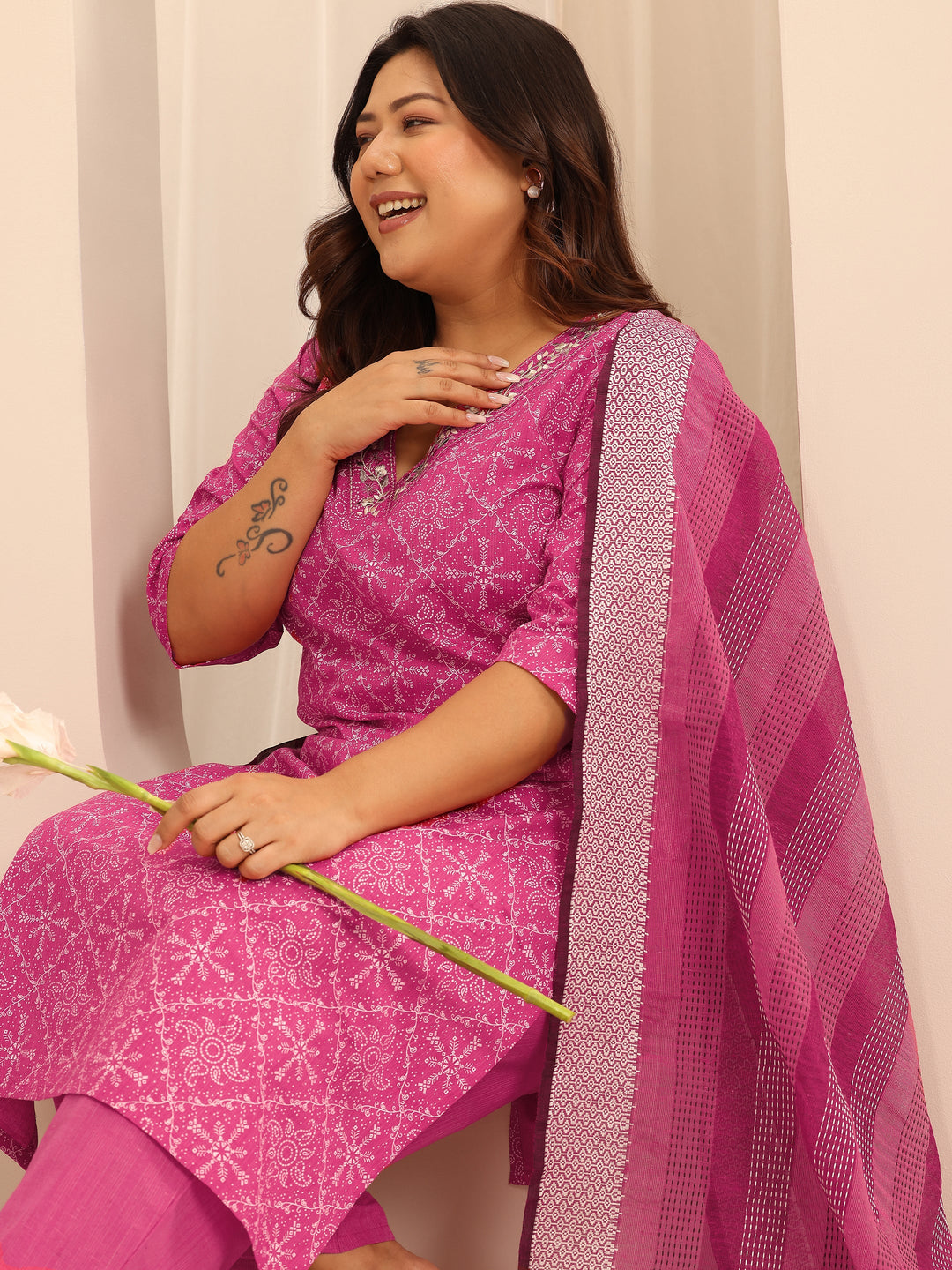 Plus Size Pink Printed Cotton Blend Straight Suit Set With Dupatta