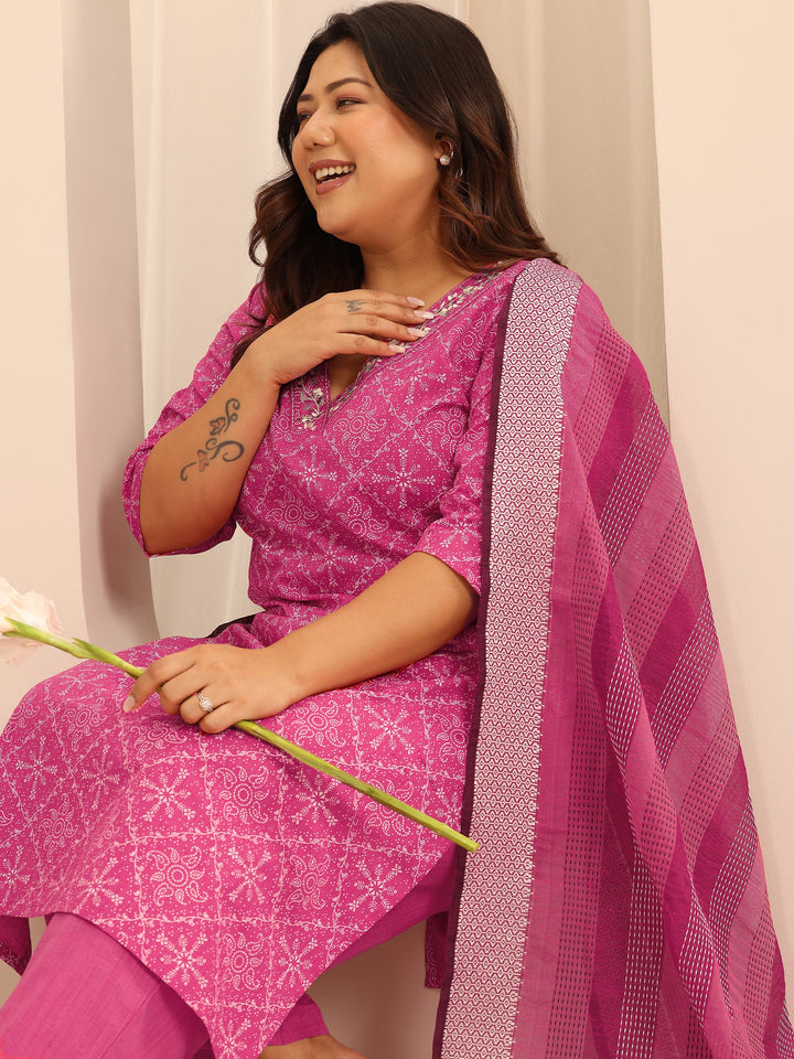 Plus Size Pink Printed Cotton Blend Straight Suit Set With Dupatta