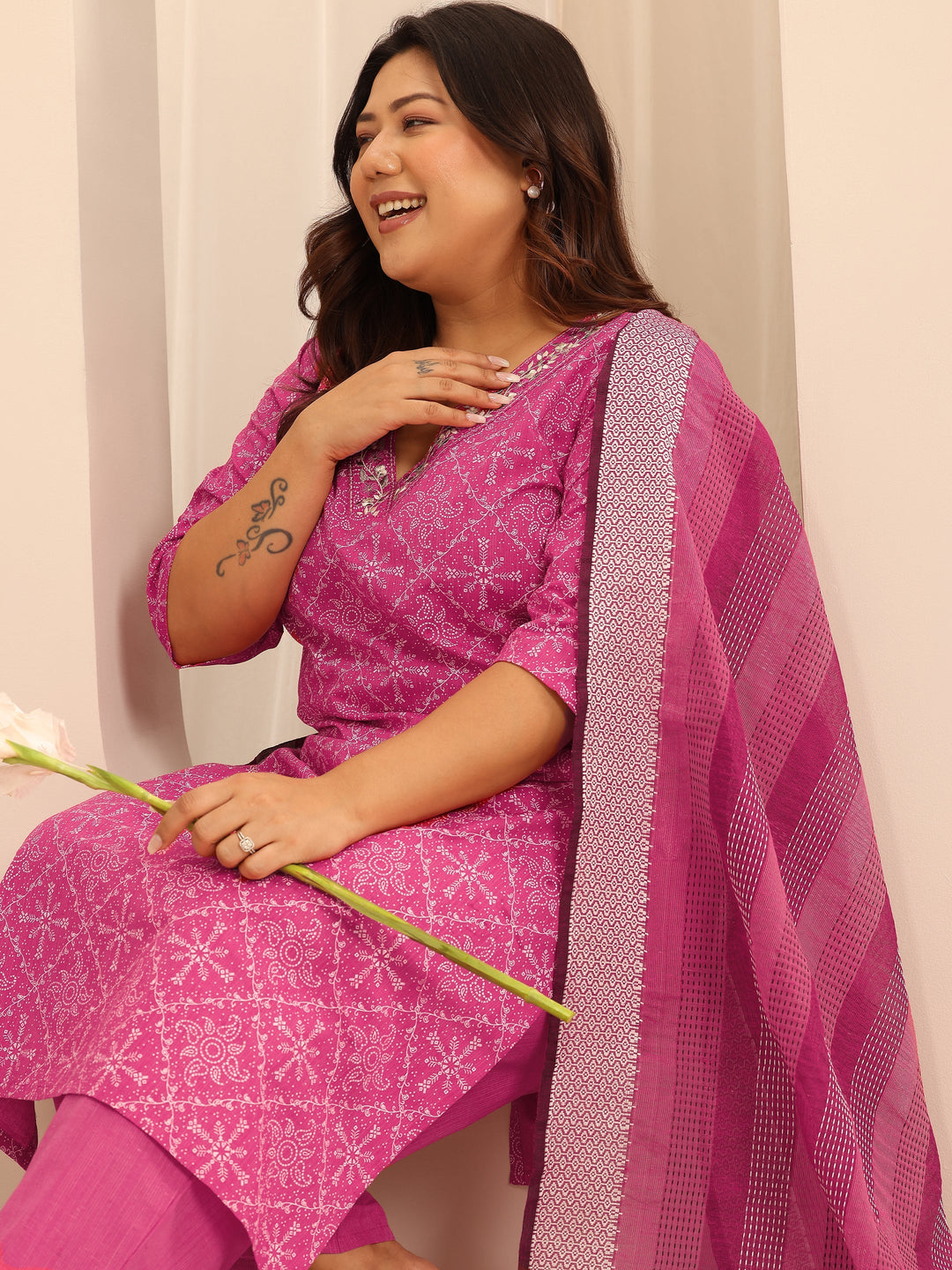 Plus Size Pink Printed Cotton Blend Straight Suit Set With Dupatta