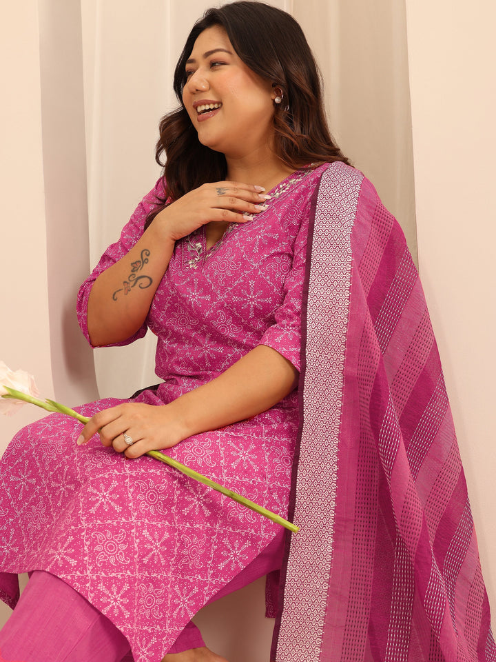 Plus Size Pink Printed Cotton Blend Straight Suit Set With Dupatta