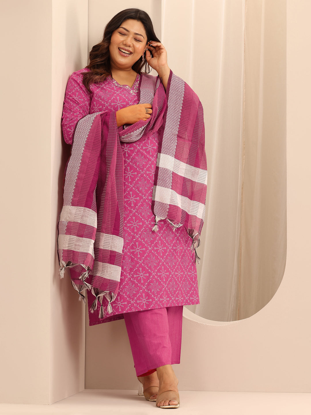 Plus Size Pink Printed Cotton Blend Straight Suit Set With Dupatta