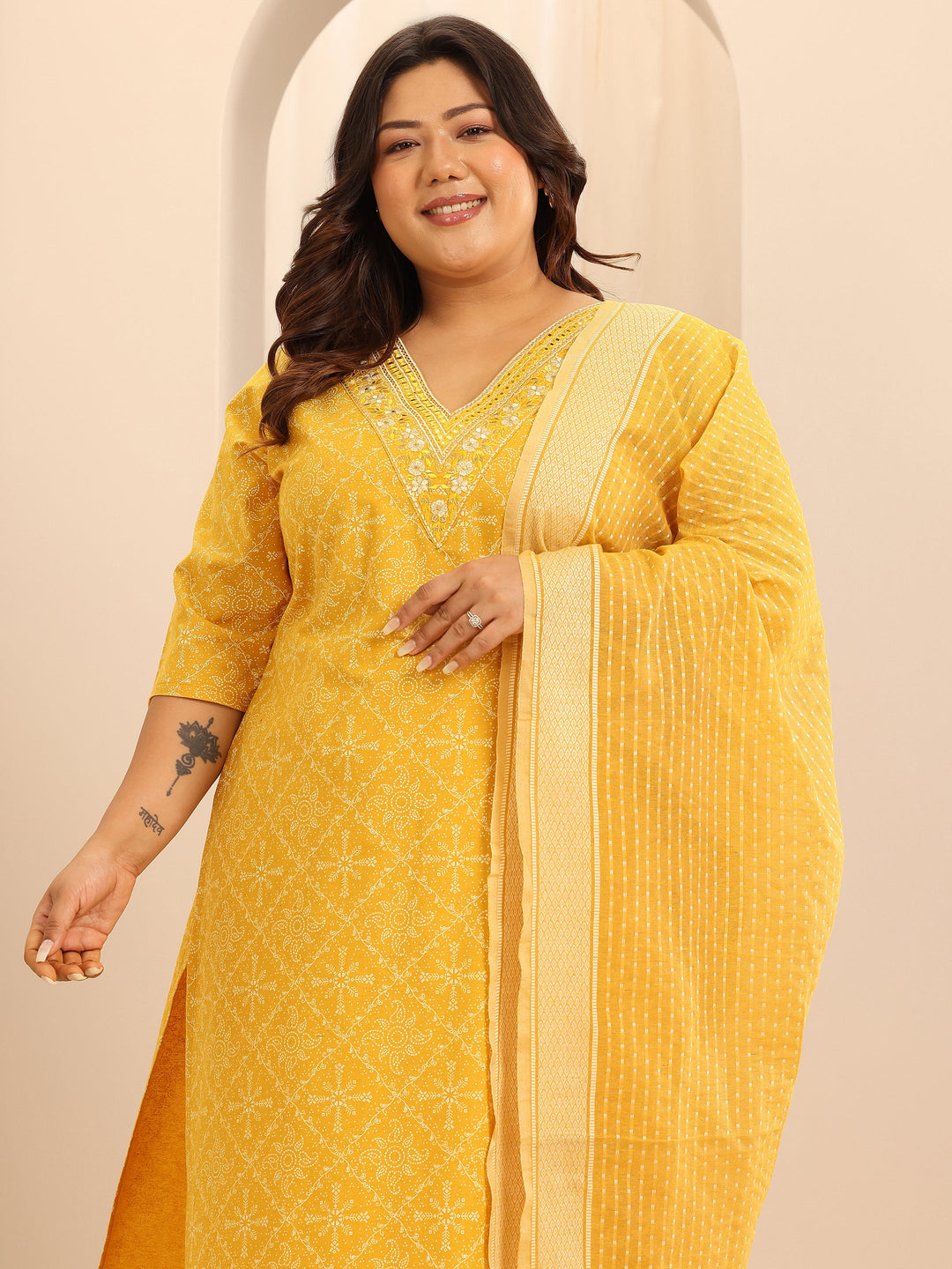 Plus Size Yellow Printed Cotton Blend Straight Suit Set With Dupatta