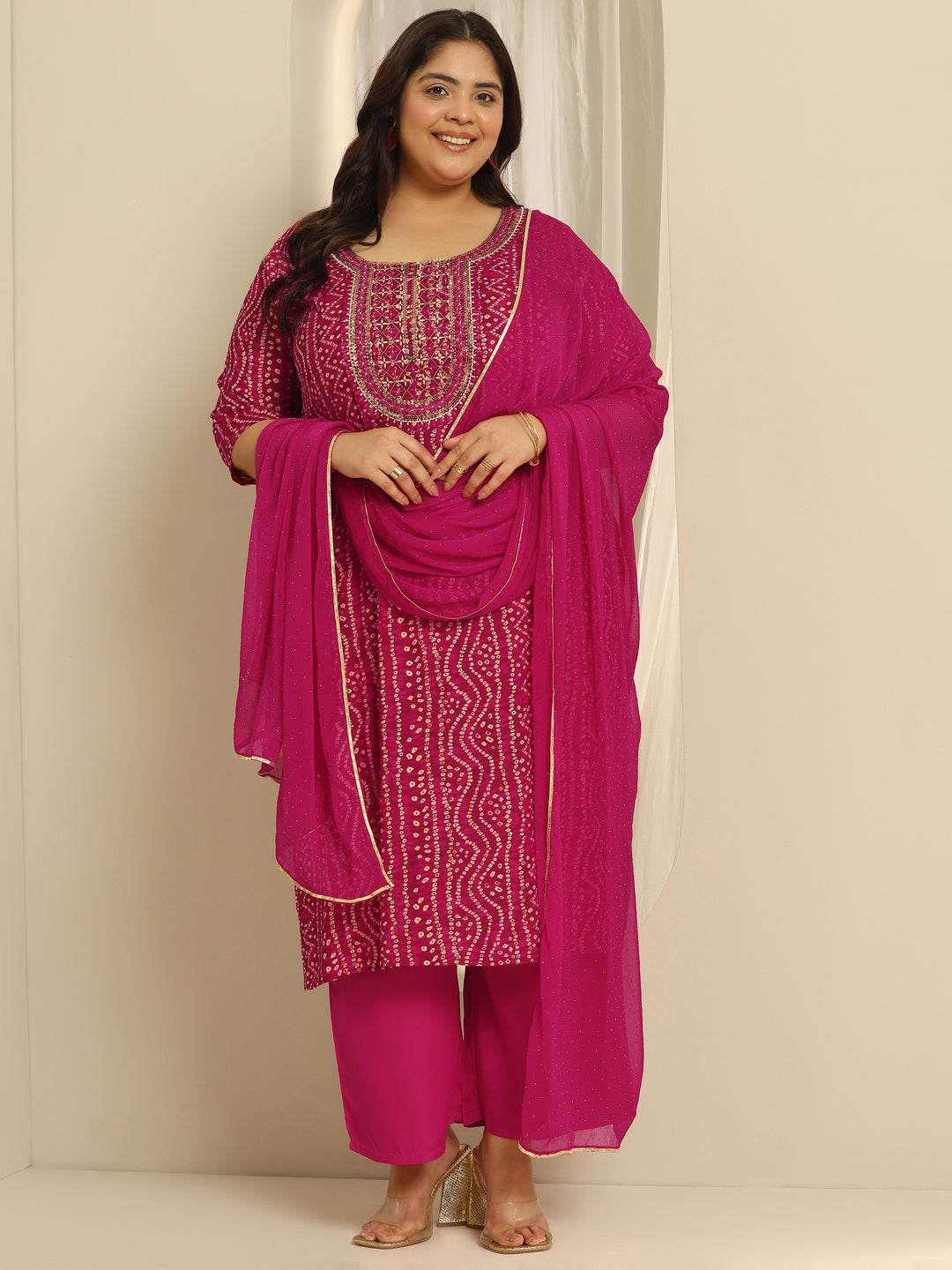 Plus Size Pink Printed Viscose Straight Suit Set With Dupatta