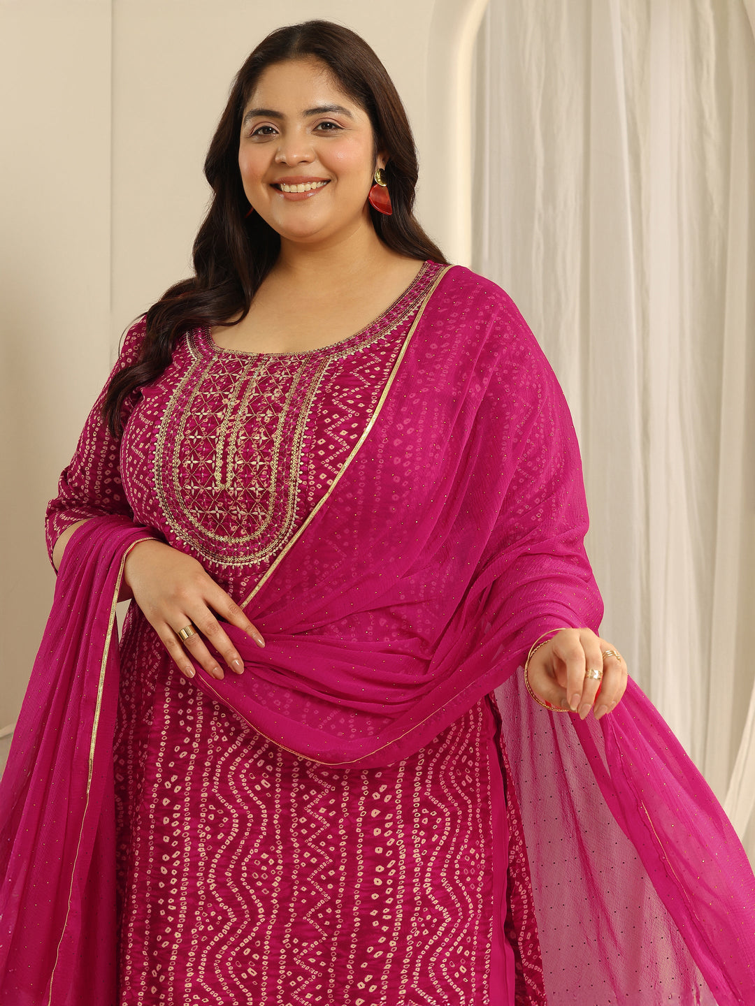 Plus Size Pink Printed Viscose Straight Suit Set With Dupatta