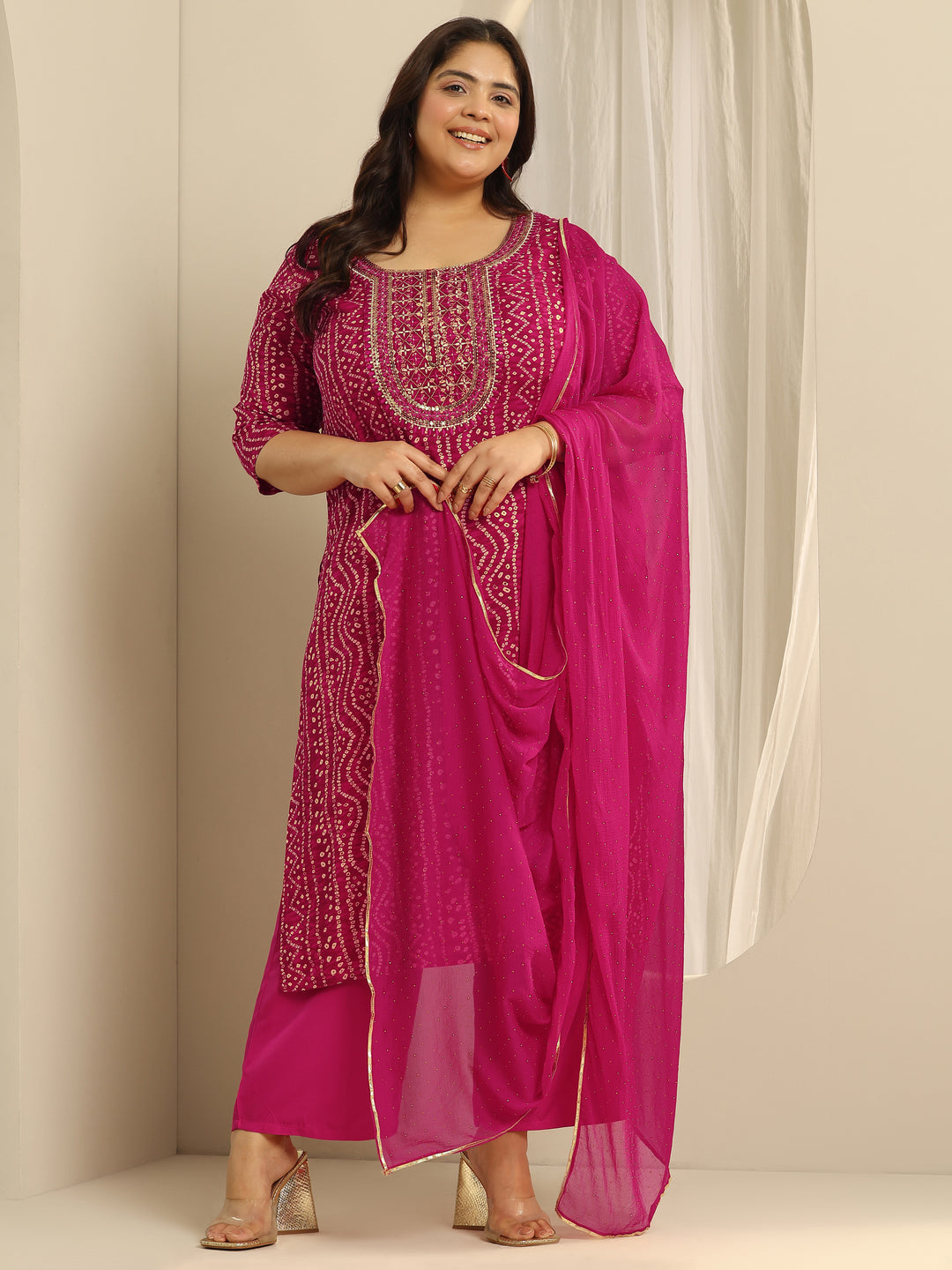Plus Size Pink Printed Viscose Straight Suit Set With Dupatta