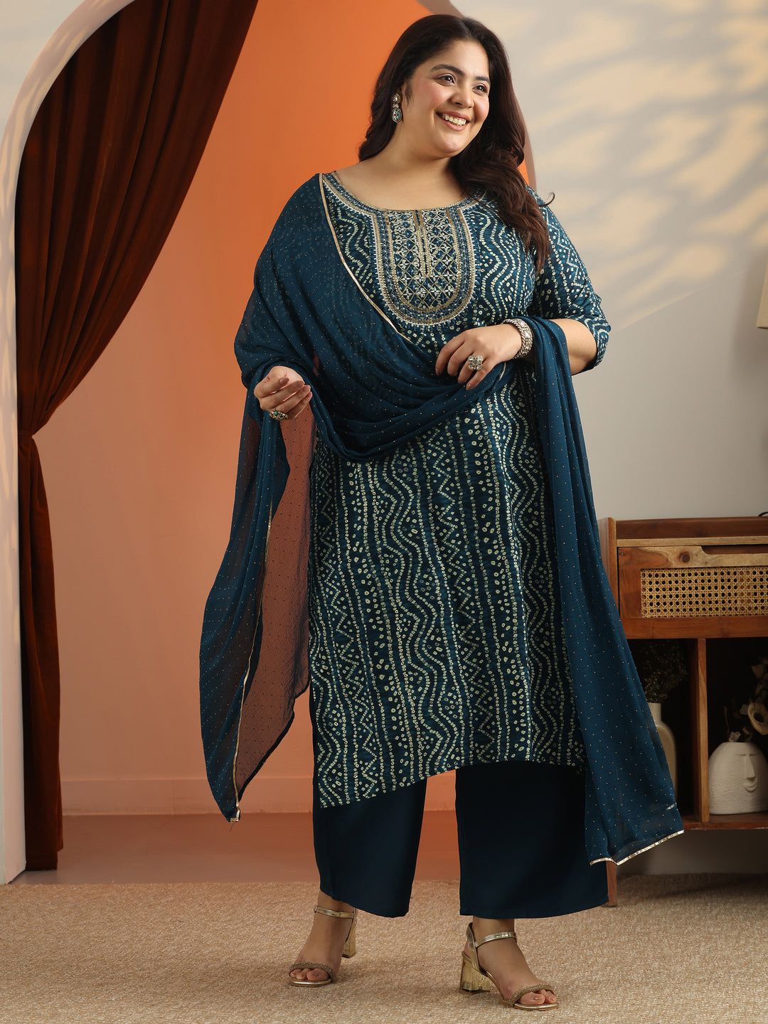 Plus Size Blue Printed Viscose Straight Suit Set With Dupatta