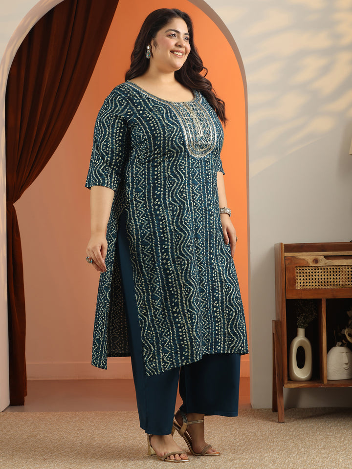 Plus Size Blue Printed Viscose Straight Suit Set With Dupatta