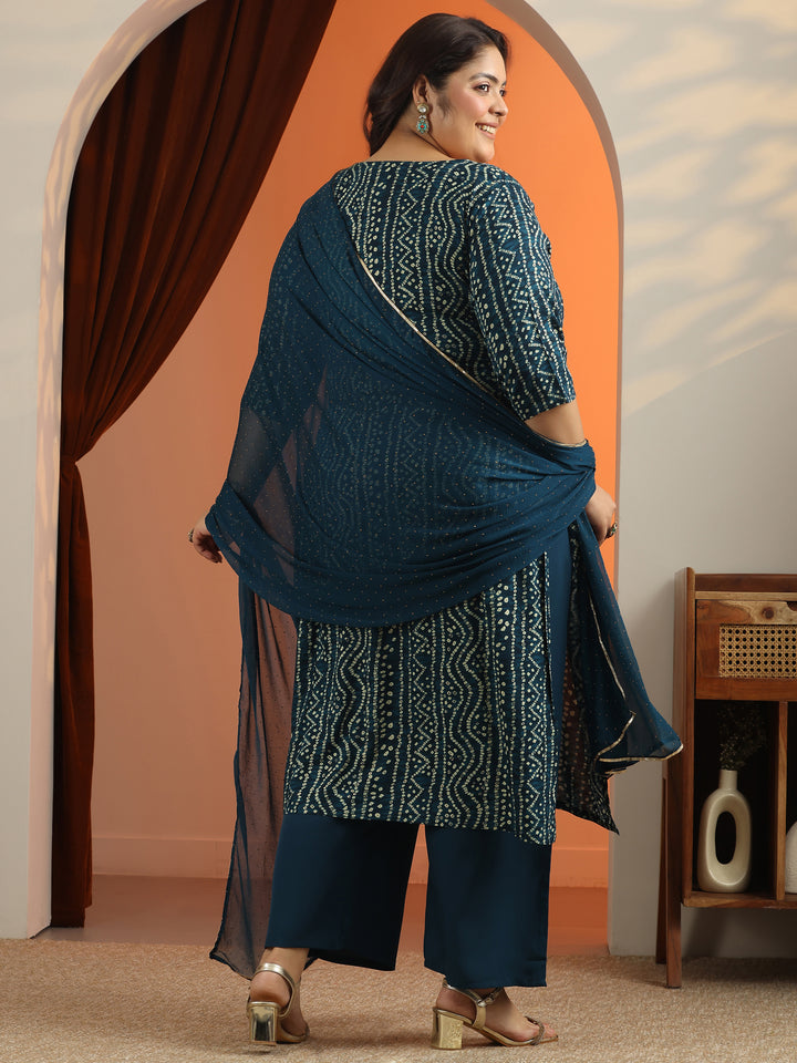 Plus Size Blue Printed Viscose Straight Suit Set With Dupatta