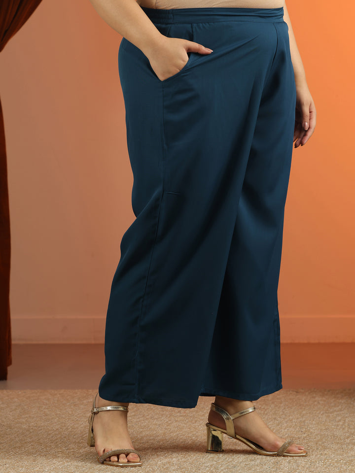 Plus Size Blue Printed Viscose Straight Suit Set With Dupatta