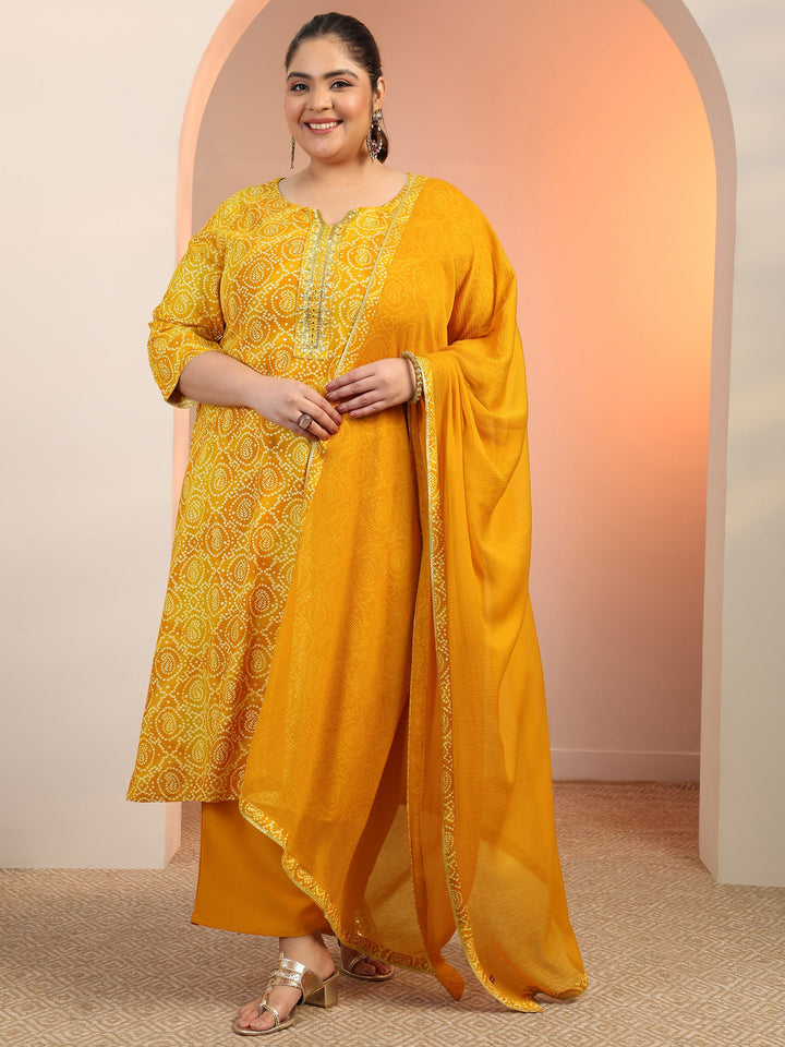 Plus Size Mustard Printed Viscose Straight Suit Set With Dupatta