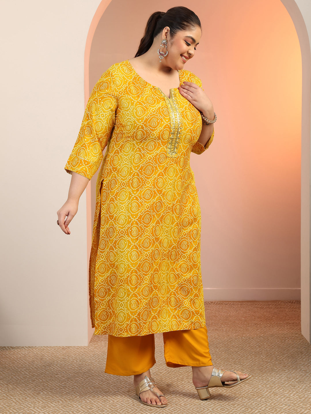 Plus Size Mustard Printed Viscose Straight Suit Set With Dupatta
