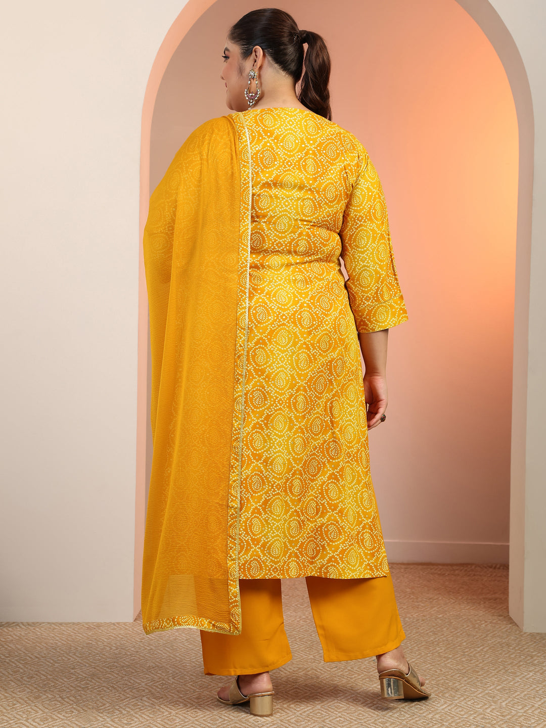 Plus Size Mustard Printed Viscose Straight Suit Set With Dupatta