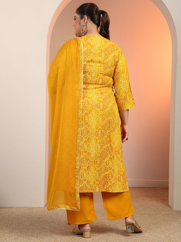 Plus Size Mustard Printed Viscose Straight Suit Set With Dupatta