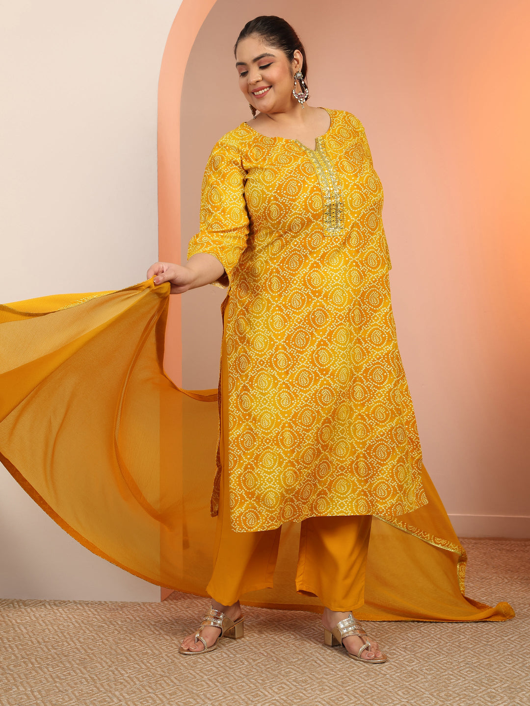 Plus Size Mustard Printed Viscose Straight Suit Set With Dupatta
