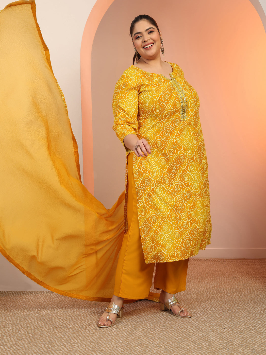 Plus Size Mustard Printed Viscose Straight Suit Set With Dupatta