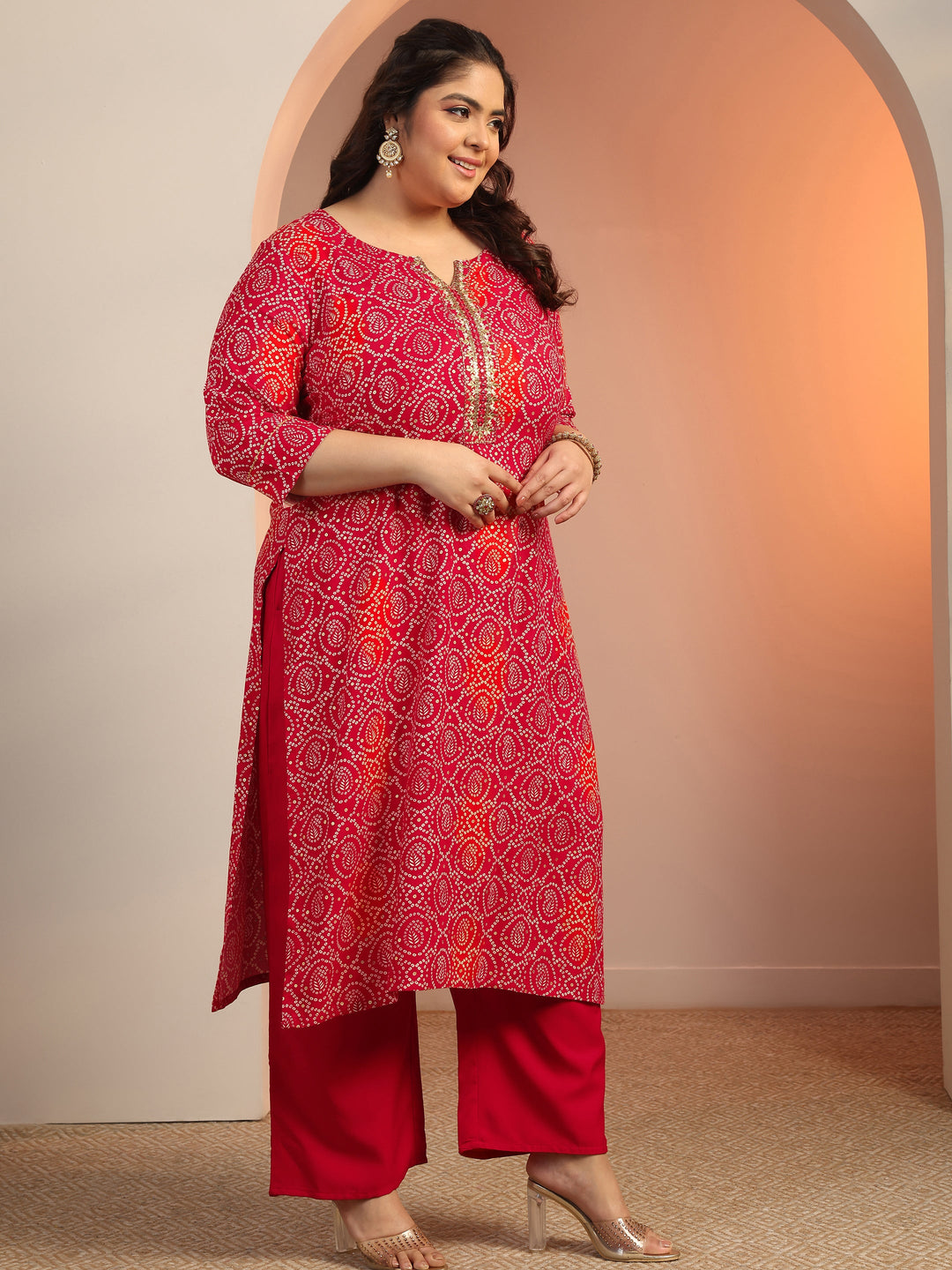 Plus Size Red Printed Viscose Straight Suit Set With Dupatta