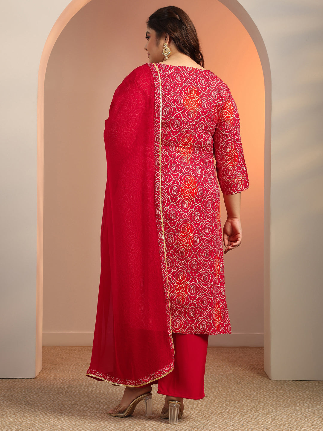 Plus Size Red Printed Viscose Straight Suit Set With Dupatta