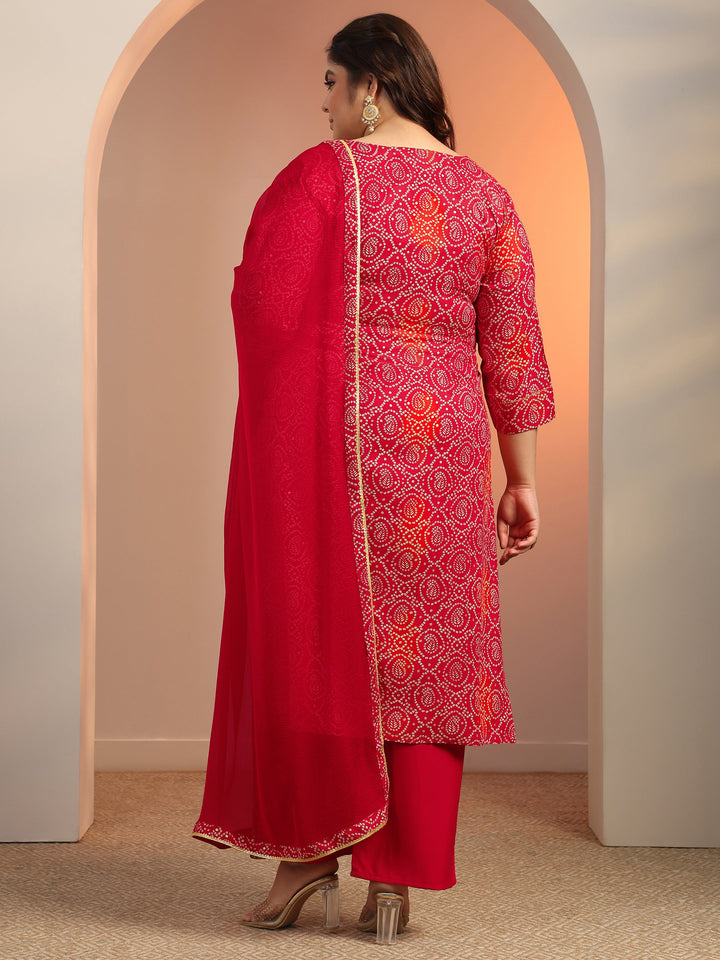 Plus Size Red Printed Viscose Straight Suit Set With Dupatta