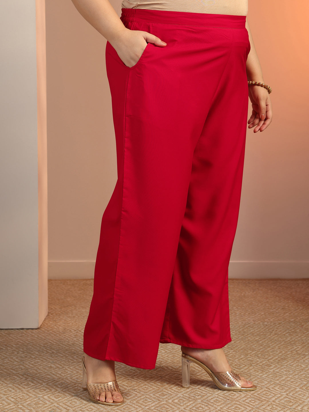 Plus Size Red Printed Viscose Straight Suit Set With Dupatta