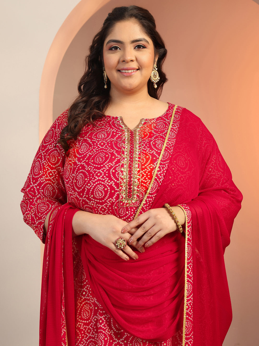 Plus Size Red Printed Viscose Straight Suit Set With Dupatta