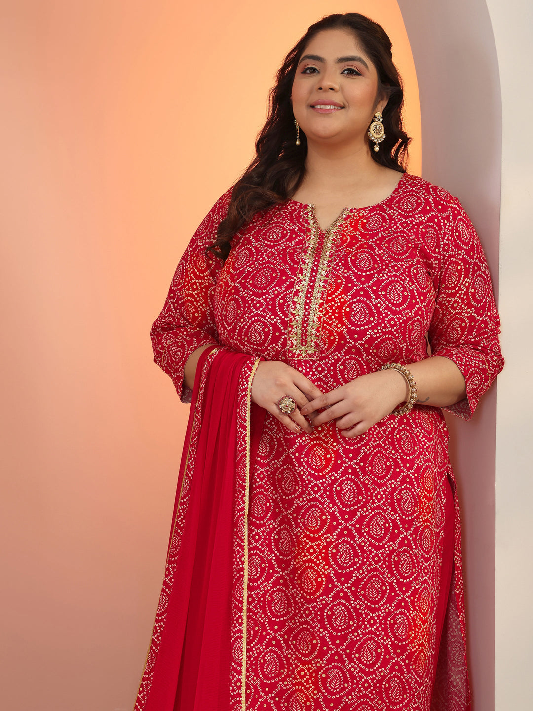 Plus Size Red Printed Viscose Straight Suit Set With Dupatta