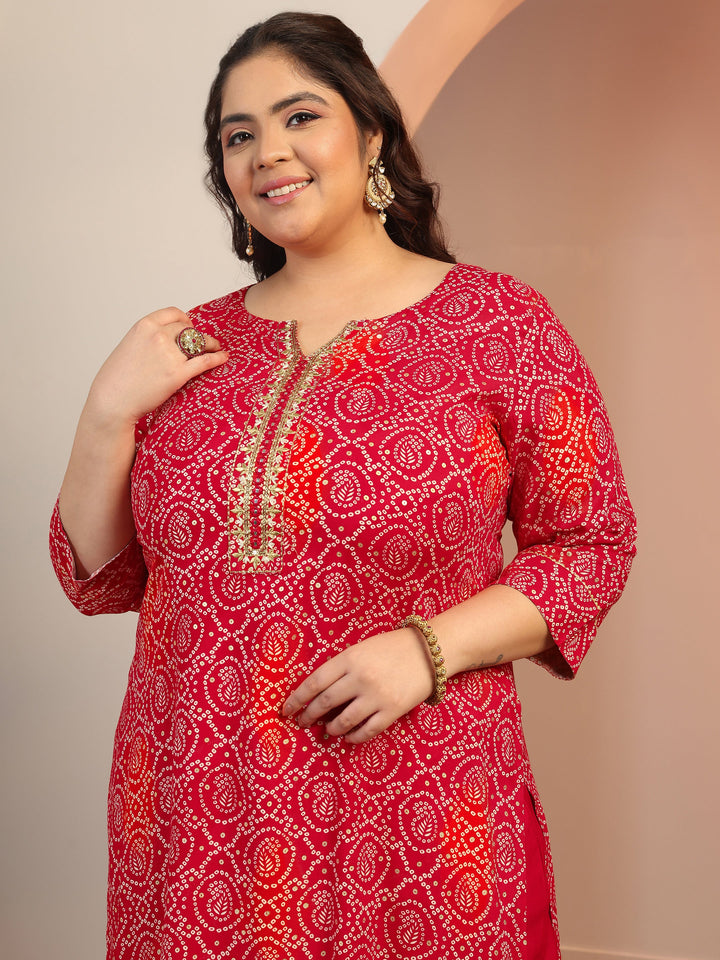 Plus Size Red Printed Viscose Straight Suit Set With Dupatta