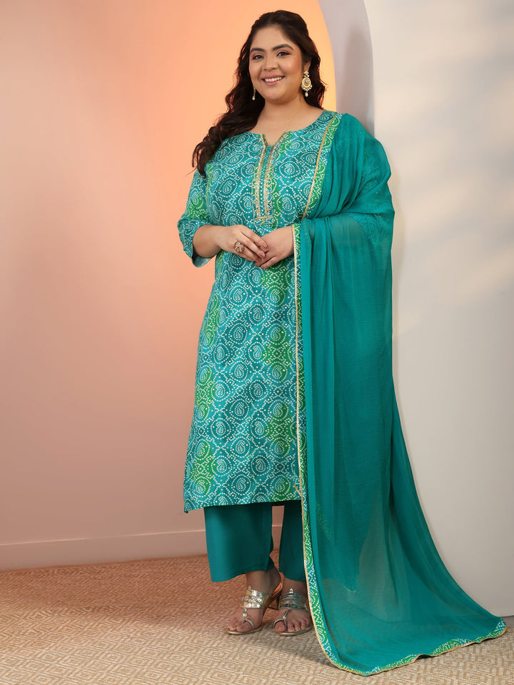 Plus Size Blue Printed Viscose Straight Suit Set With Dupatta