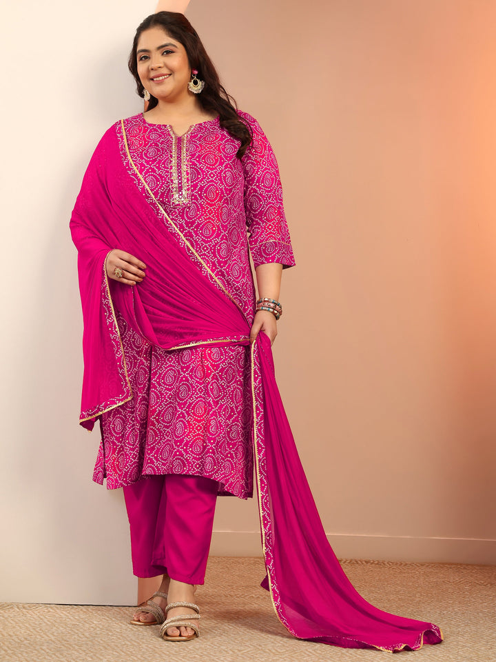 Plus Size Pink Printed Viscose Straight Suit Set With Dupatta