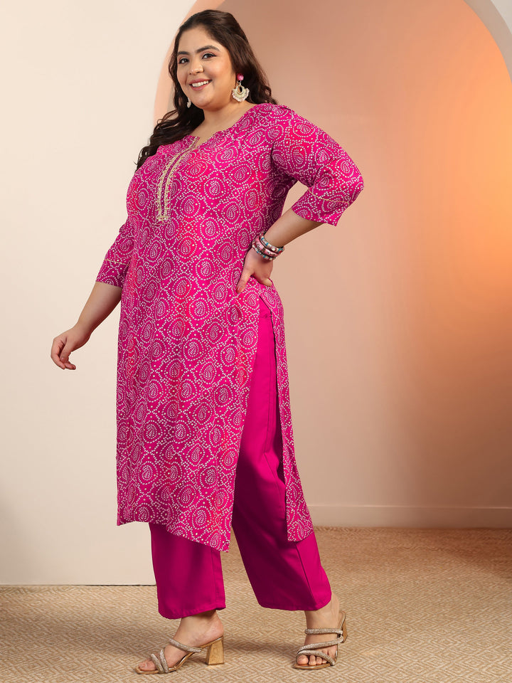 Plus Size Pink Printed Viscose Straight Suit Set With Dupatta