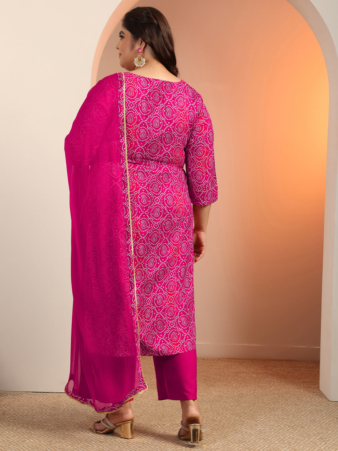 Plus Size Pink Printed Viscose Straight Suit Set With Dupatta